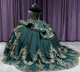 Off-Shoulder Ball Gown Beaded Lace Appliques on Emerald Tulle for Quinceanera Sweet 16 & Formal Events